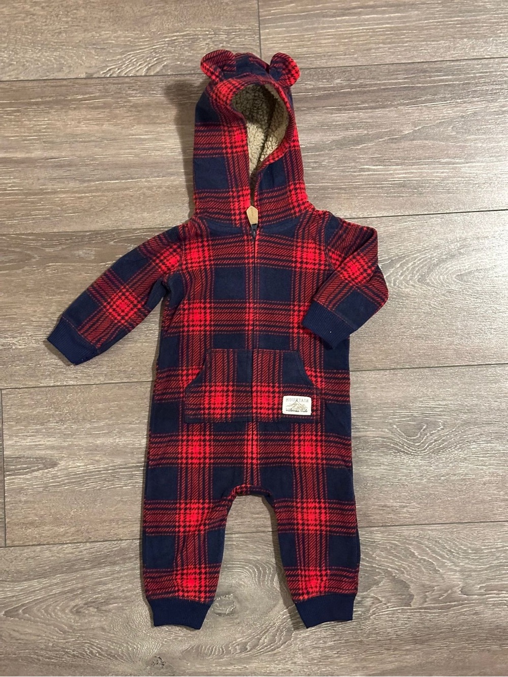 Carter's Red & Navy Plaid Sherpa-Lined Hooded Onesie